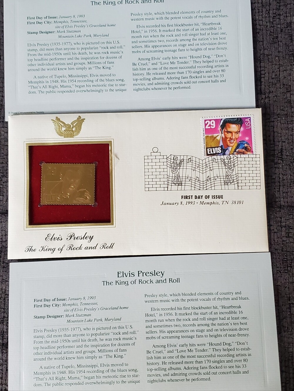 Vintage 1993 Postal Commemorative Society Elvis Presley First Day Cover with 22k